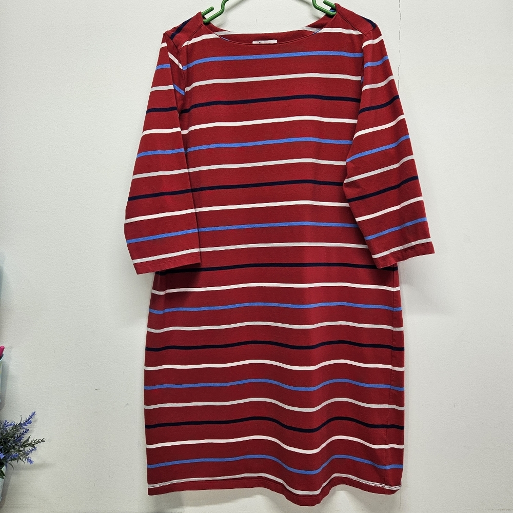 Denim & Co. Striped 3/4 Sleeve T-Shirt Dress Boatneck Red Blue Size L Coastal